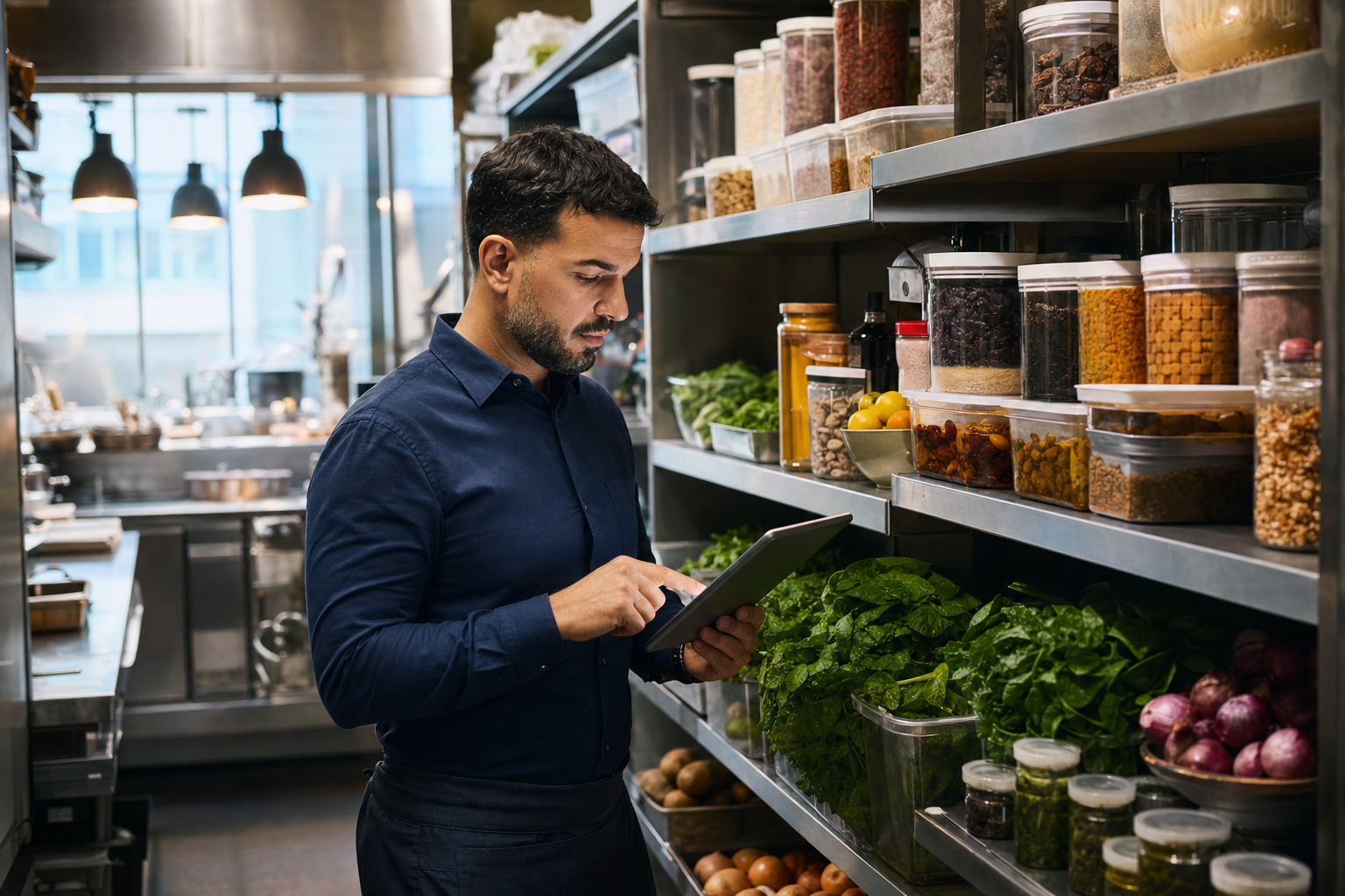 Especialista realizando el inventario de insumos en una cocina profesional